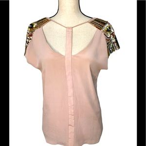 Short Sleeve Pink Sequin Silk Blouse Size Med